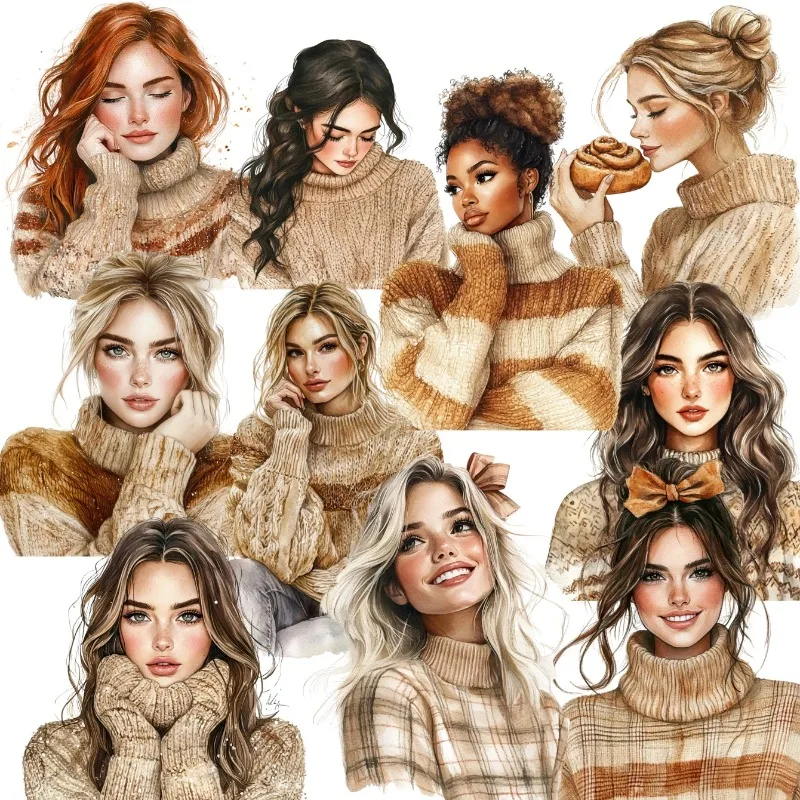 17pcs Cute Self-made  Girl Wearing Vintage Winter Khaki Sweater Scrapbooking Stickers /Decorative/DIY Craft Photo Albums