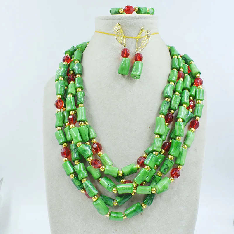 Fashionable Classic! 5 natural coral/crystal necklace earrings bracelet set. African women's wedding jewelry 53-55CM