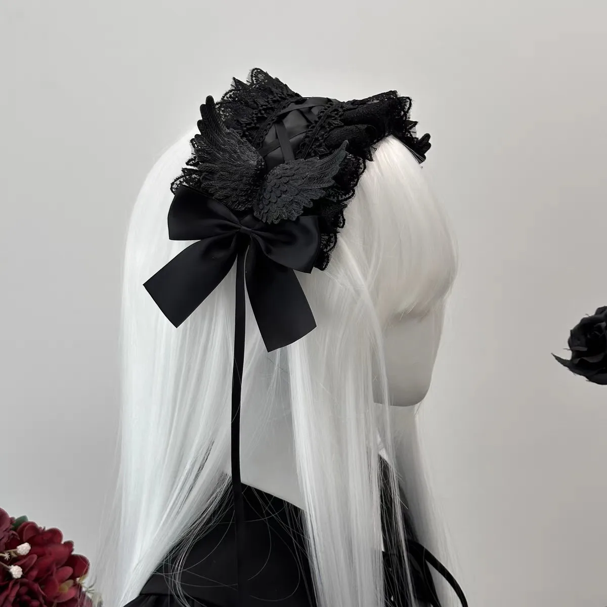 Gothic Angel Wings Maid Bonnet hairband Lolita Girl Cosplay Costume Accessories Retro Adjustable Ruffles Solid headwear  Women image 4