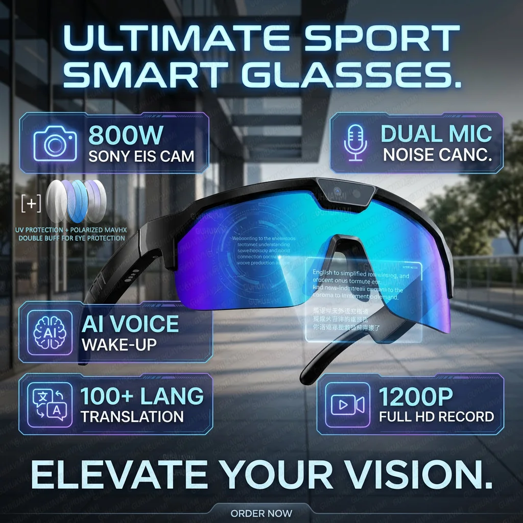 

New Cycling Smart Glasses Men 800W pixel Anti-Shake Camera 1200P Video Recording 100+Translation Open-era Audio Travel Glasses