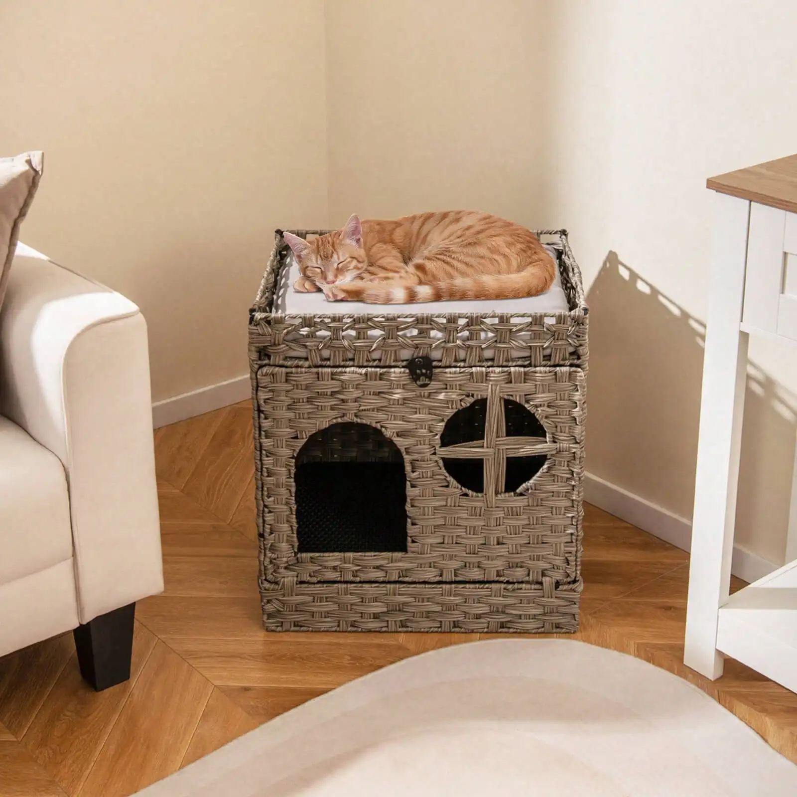 

2-Tier Rattan Cat Litter Box Enclosure With Litter Mat Indoor Pet House