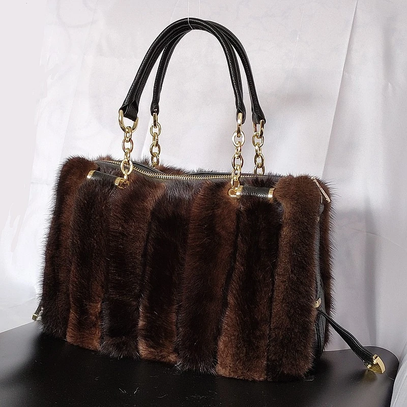 

Women's Real Fur Luxury Shoulder Bag High Quality Natural Mink Fur Handbag Large Capacity New Cross Body Leather Bag