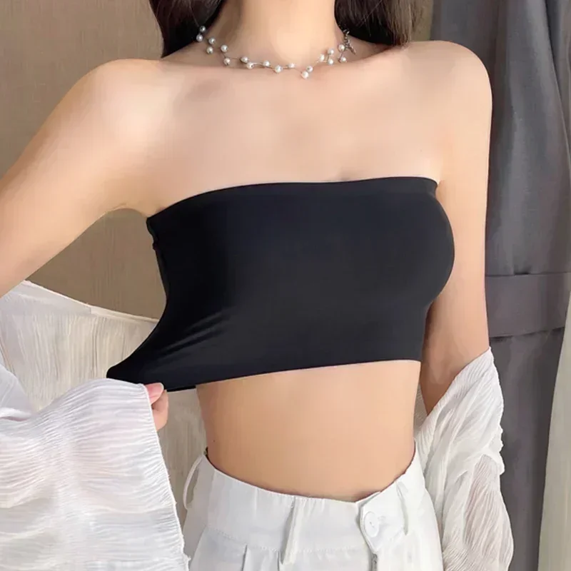 Tops de tubo sexis de una pieza para mujer, sujetador de realce sin tirantes, lencería fina de seda helada sin costuras con palabra, Bralette blanco y negro