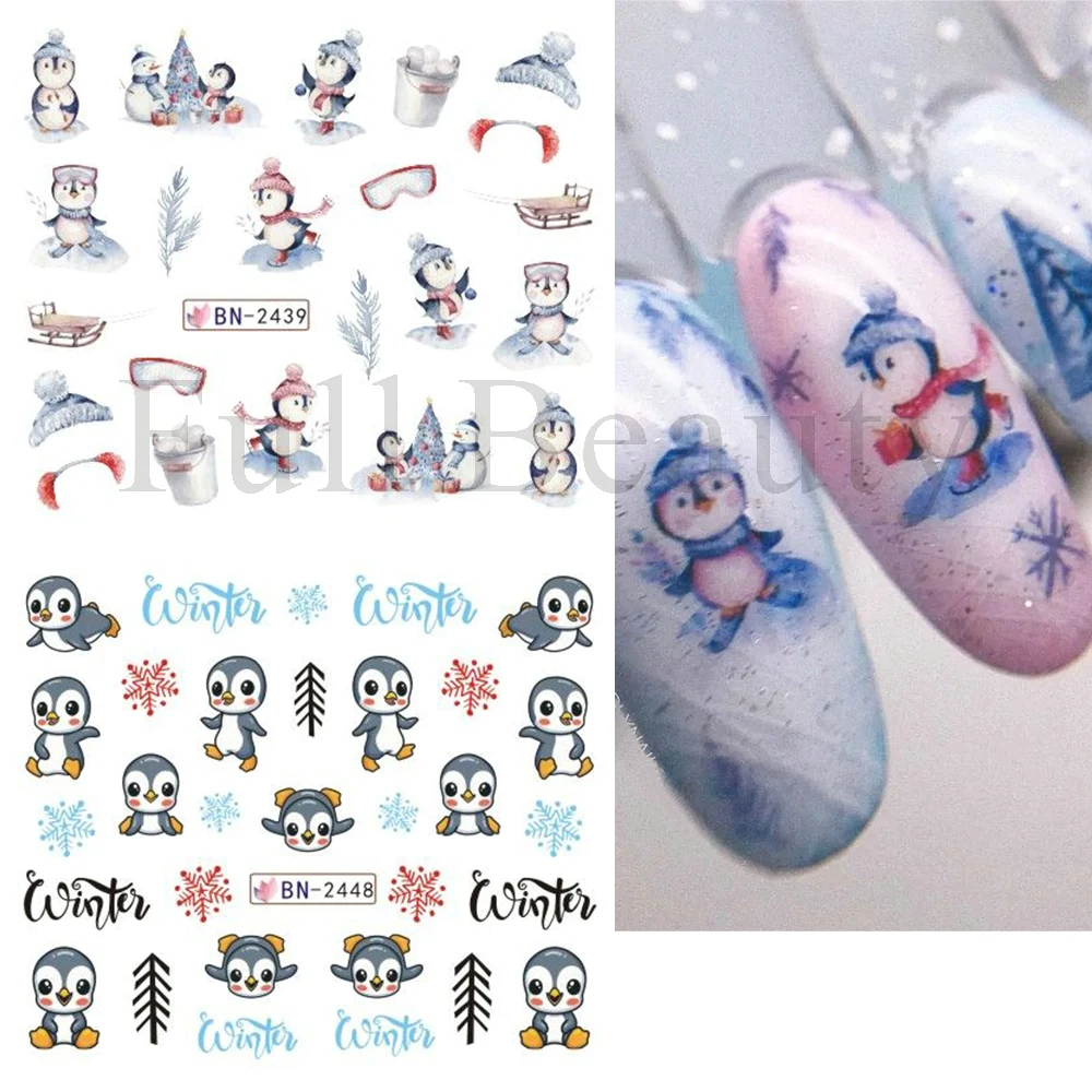 Penguin Cute Nail Sticker Christmas Nail Art Water Decal Bear Reindeer New Year Winter Decor Cat Bunny Sliders For Manicure NLBN