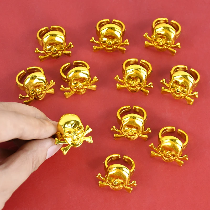 

10Pc Pirate Rings Kids Pirate Decorative Rings Skull Golden Ring Kids Performance Props Birthday Gift Ring Halloween Party Decor