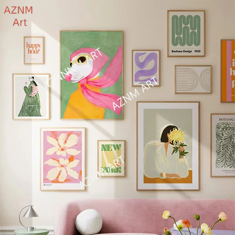 Mode Mädchen Hund Blume Grüne Pflanze Abstrakte Linie Kunstdruck Poster Leinwand Malerei Hotel Bar Dekorative Bild Wand Wohnzimmer