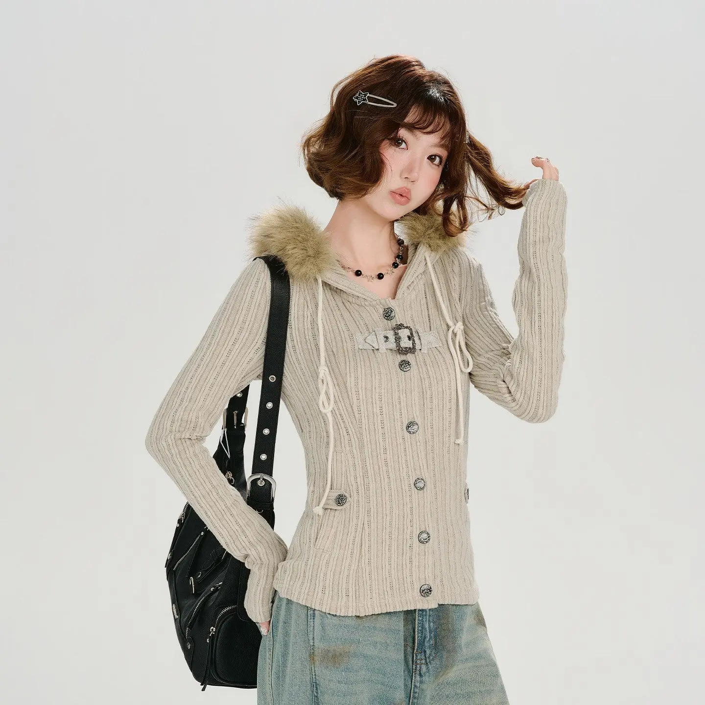 Vintage Y2K Hooded Faux Fur Trim Ribbed Knit Cardigan Women Slim Fit Decorative Button Front Casual Daily Streetwear Outfit 2026