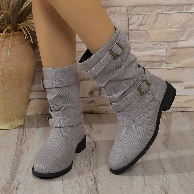 Women\'s Shoes on Sale 2024 Sleeve Women\'s Boots Autumn Round Toe Denim Solid Short Barrel Chunky Heels Large Size Fashion Boots