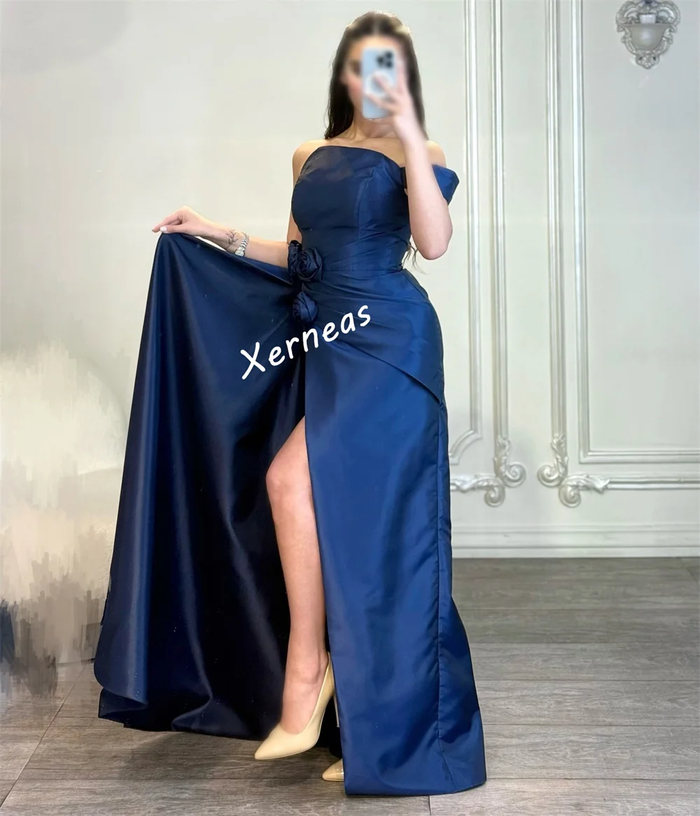 カスタマイズされたシャルムーズプリーツ手作りフラワーワンショルダーロングドレスオーダーメイド特別な機会の女性のイブニングエレガントなパーティードレス