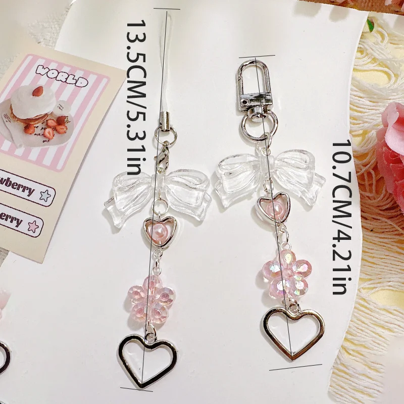 جديد 1/2 قطعة الحلو الوردي Bowknot القلب سلاسل الهاتف متعددة نمط لفتاة أزهار لطيفة ستار شريط لتعليق الهاتف المحمول سلسلة مفاتيح قصيرة #5