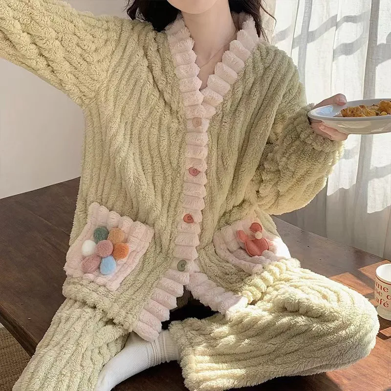 

Женская одежда, пижамный комплект, домашняя одежда, брюки с длинными рукавами, комплект из двух предметов, осенне-зимний утепленный удобный милый модный комплект