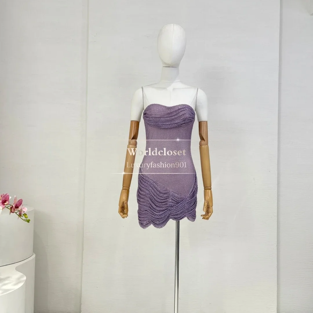 Strapless Women's Mini Dress for Party 2025 New Beautiful Purple Rhinestone Mesh Ruched