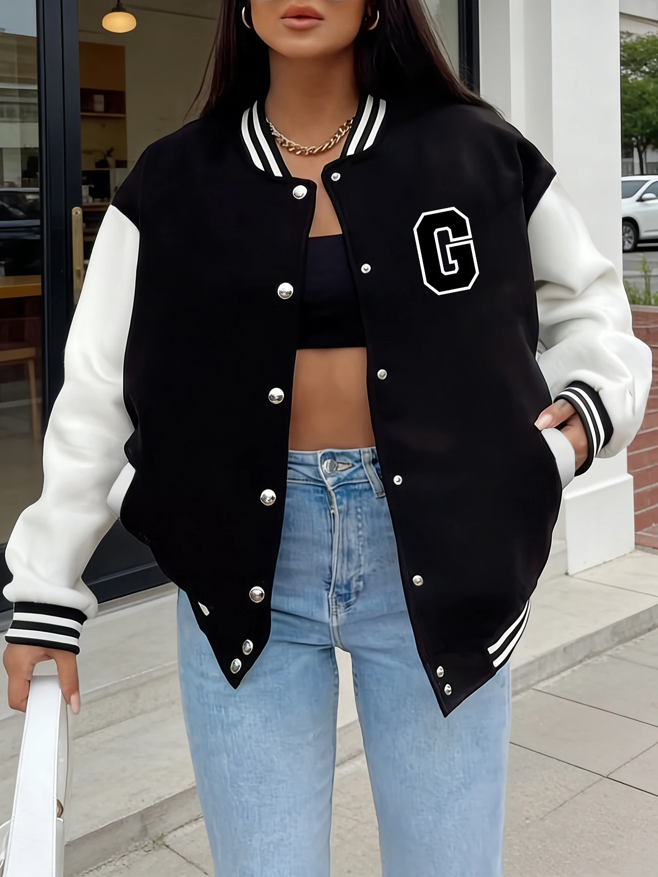 Mulheres oversized jaqueta do time do colégio carta g impressão manga longa botão frente bombardeiro jaqueta casual streetwear outerwear primavera outono