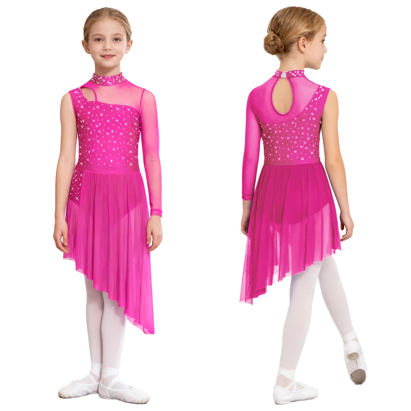 Traje de baile de Ballet de salón de vals de malla transparente lírico para niñas, traje de actuación de baile con lentejuelas, ropa de baile de escenario de Ballet transpirable elegante