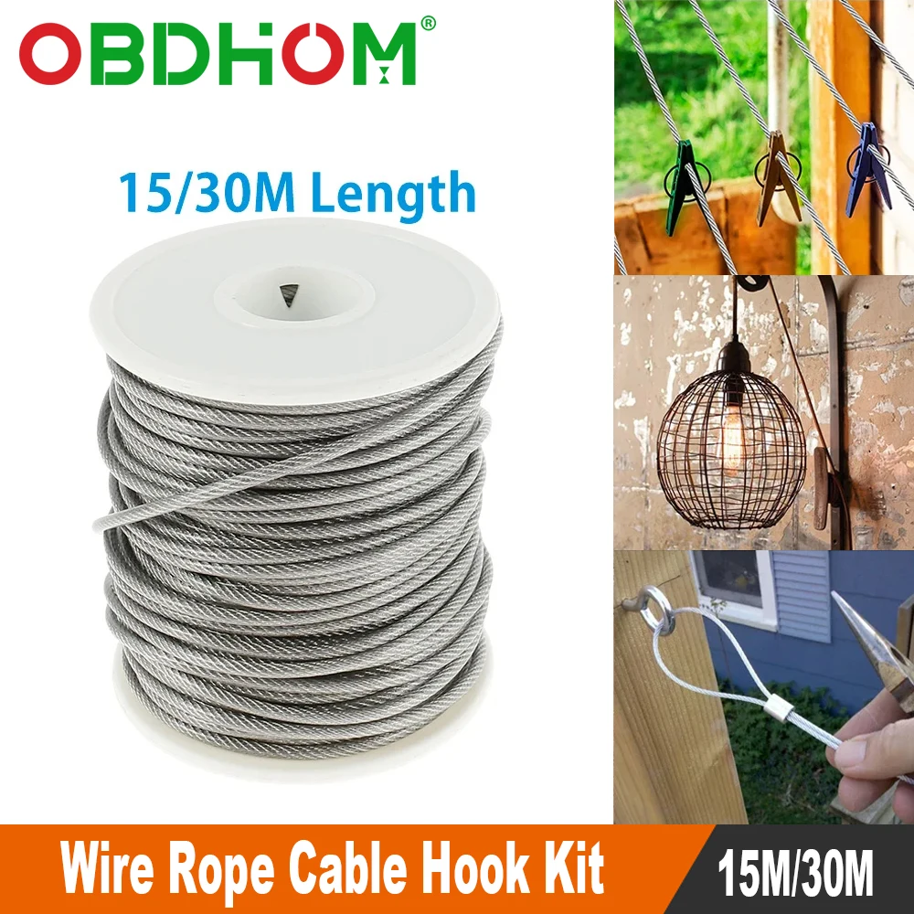 15M/30M Wire Rope Cable Hook Kit Hanging Heavy Duty Screw Eye Screw Turnbuckle Coated Rope Outdoor Garden Hanging Clothesline