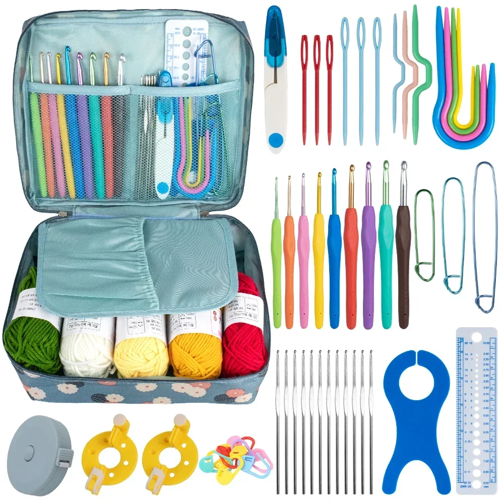 

Knitting Crochet Hook Set DIY Craft Sewing Tools with Bag Steel Large Eye Blunt Needles Markers Ergonomic Handle Colorful Hooks