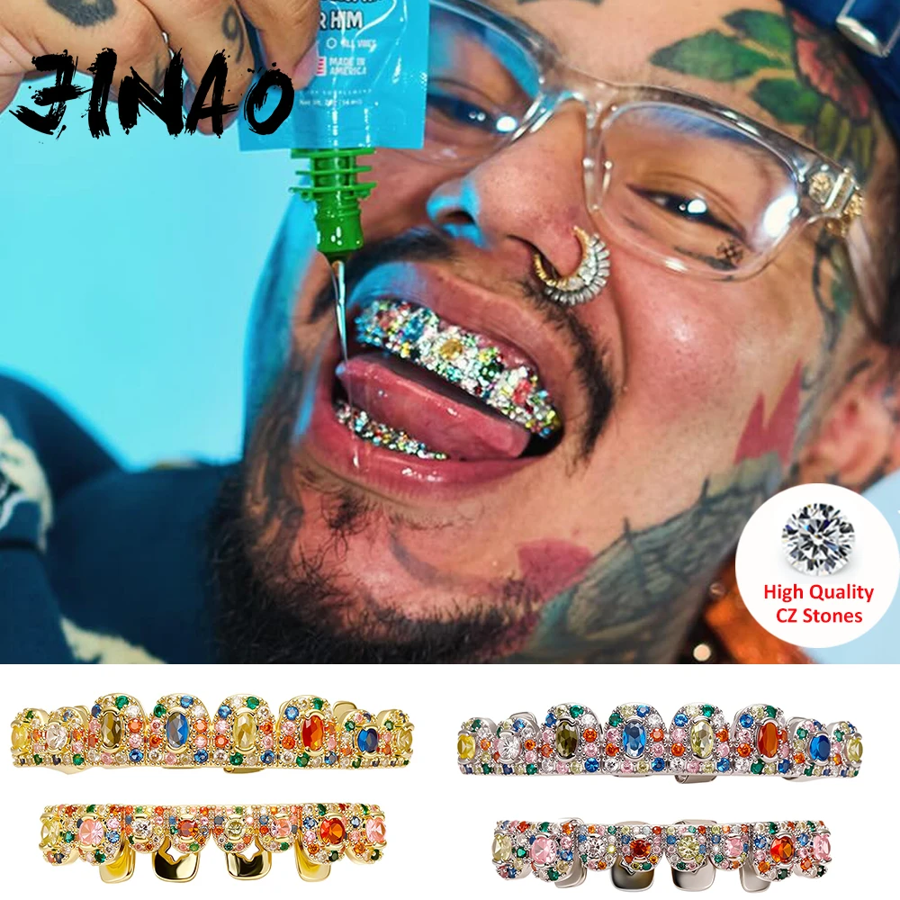 JINAO Rainbow Candy Color CZ Hip Hop Full Iced Out 8 Teeth Small Siz Set Grillz Men Top&Bottom Punk Rapper Halloween Cospla