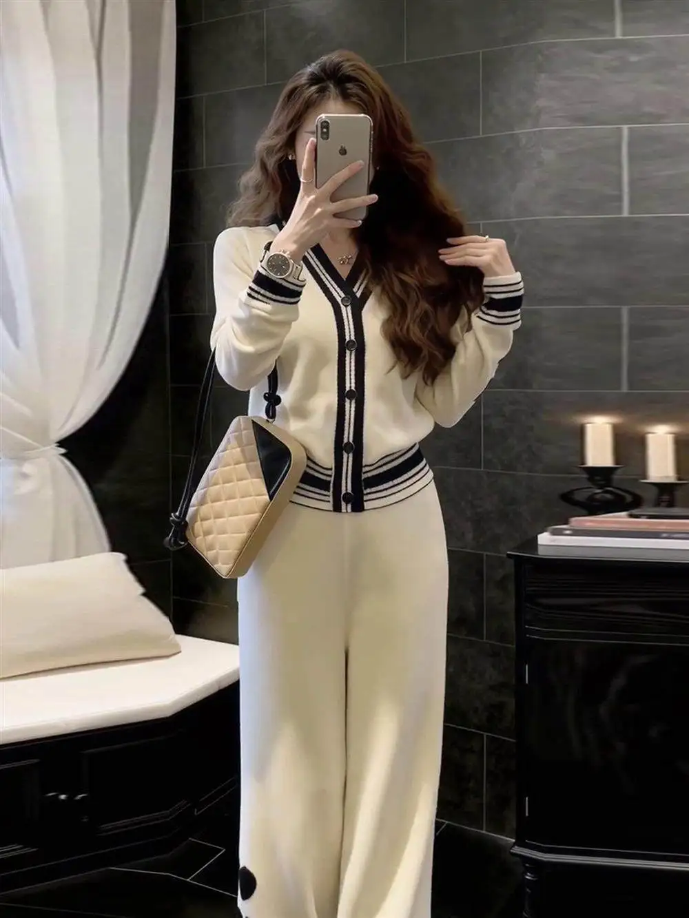 Spring Autumn Small Fragrance Casual Knit Suit Women V-neck Single Breasted Tops+high Waist Wide Leg Pants Female Two Piece Set