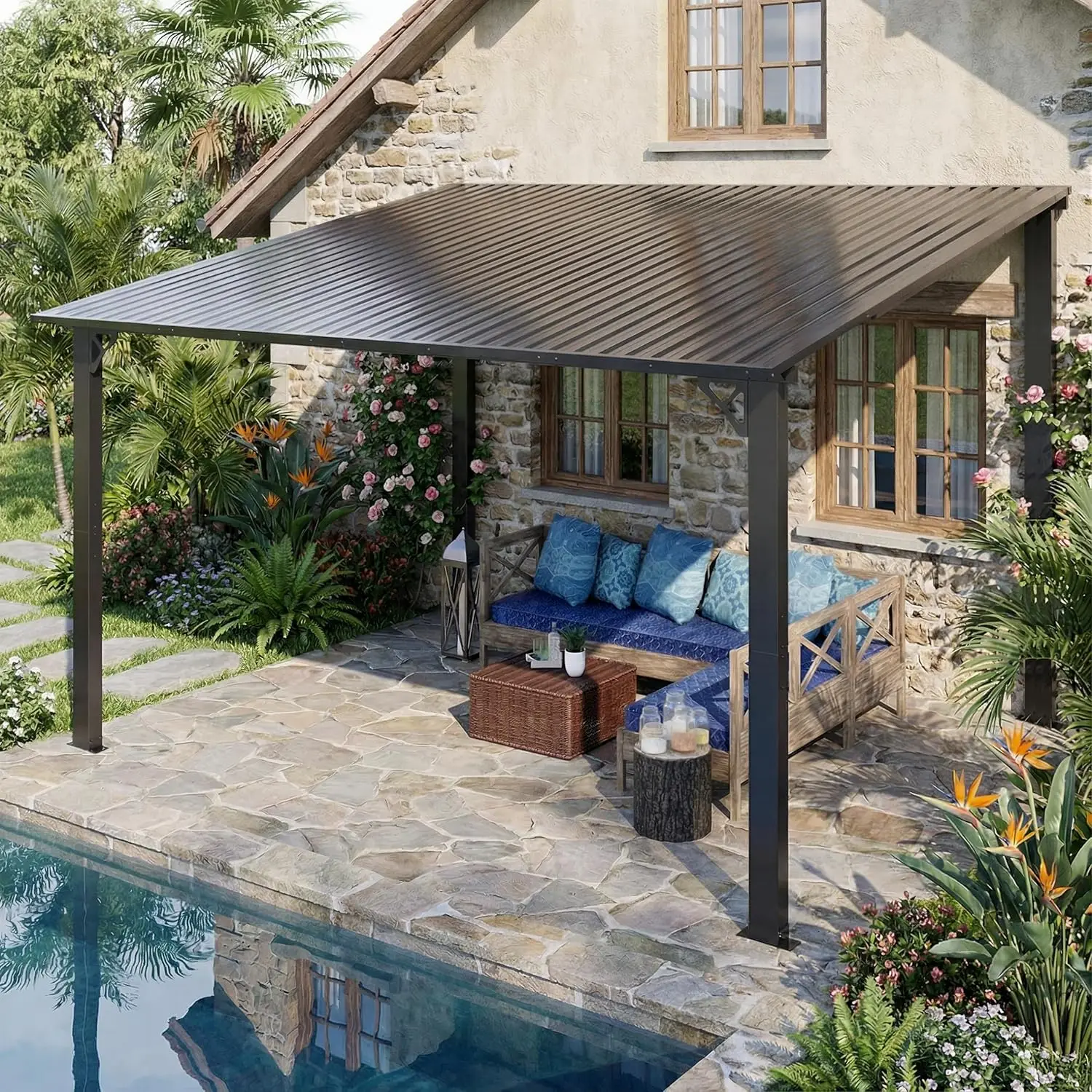 

10'x12' Lean to Gazebo Hardtop Pergola with Metal Roof Wall Mounted Heavy Duty Canopy Awning for Backyard Deck, Custom