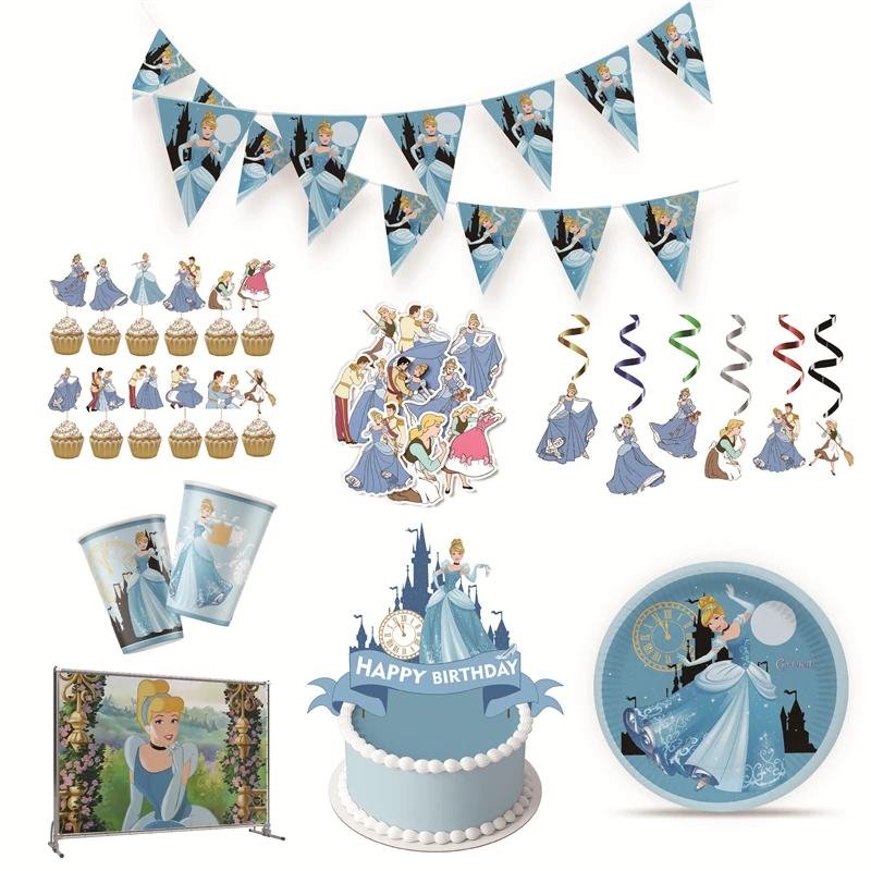 Disney Cinderella Kids Girls Favor Birthday Pack Event Party Decoration Cups Plates Baby Shower Disposable Tableware Supplies