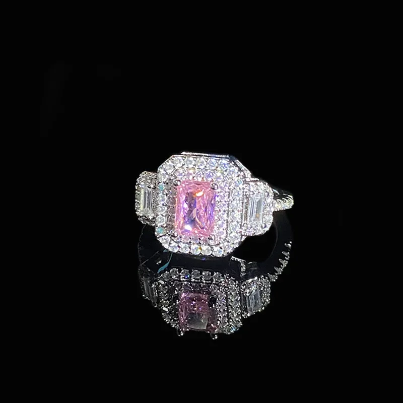 

MDL Moissanite style New Pink Faux Colored Gemstone Ring Gold Plated Square Pink Zirconia Diamonds Premium Feeling Index Finger