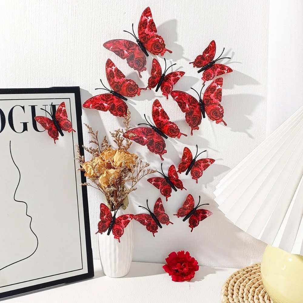 12pcs 3D Rose Butterfly Wall Stickers Double-Layer Valentines Day Decals Butterfly Wall Art Self Adhesive DIY Gift