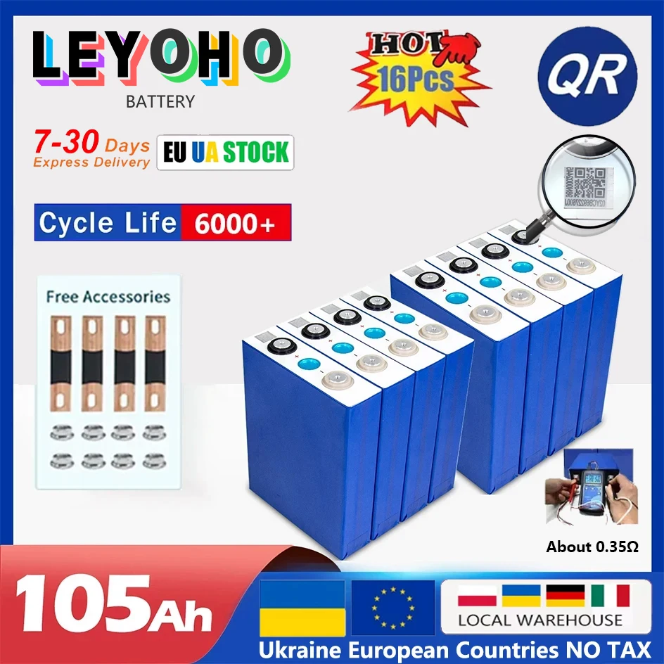 EVE 3.2V 105AH LiFePO4 Battery Grade A Rechargeable Cell With Free Busbars For Solar Energy DIY 12V 24V 48V Lithium Battery Pack