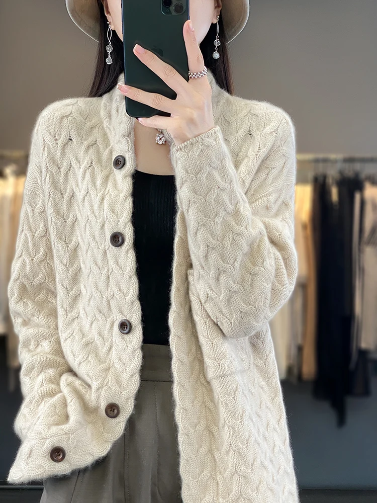 New 100% Merino Wool Women Cardigan Autumn Winter Solid Color Sweater Twist Flower Soft Cashmere Turn down collar Knitted Top