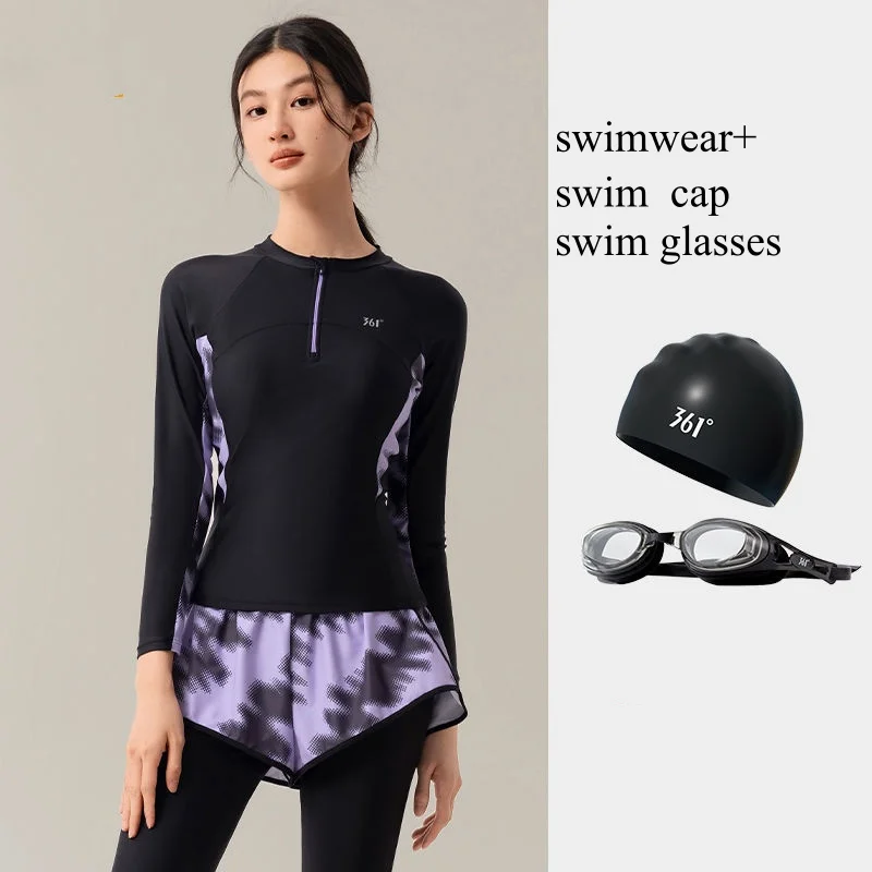 

Женские быстросохнущие спортивные купальники из двух предметов с длинными рукавами для пляжного серфинга, очки UPF50 + водонепроницаемые купальные костюмы, кепка для очков