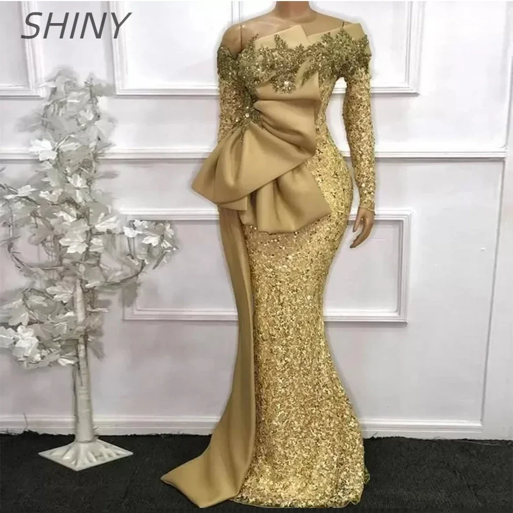 SHINY Customized Noble and Elegant Long Sleeve Off Shoulder Mermaid Sparkling Luxury Women\'s Evening Dress 2024