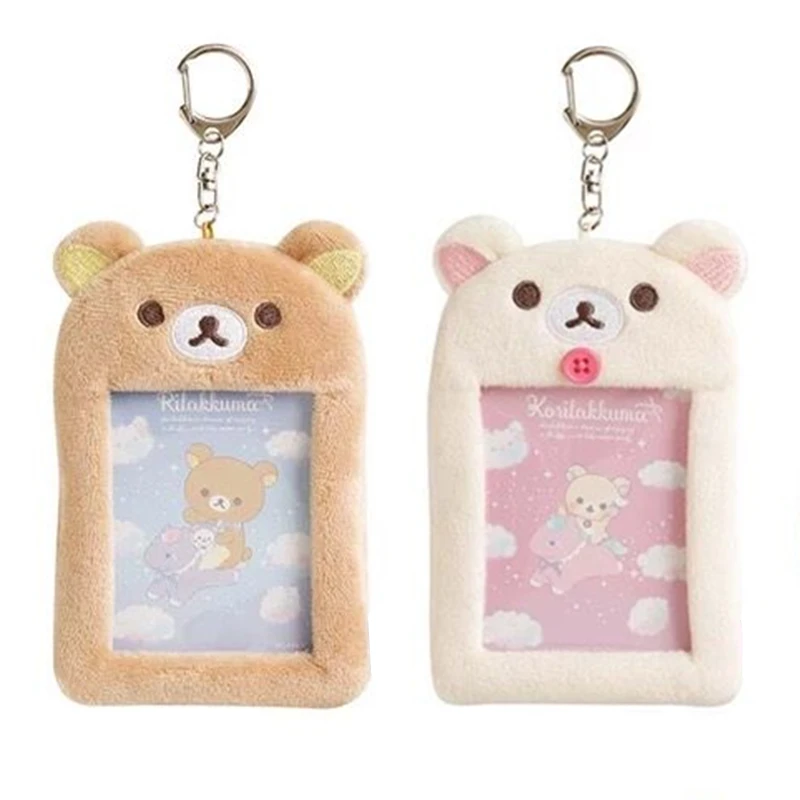 Rilakkuma gantungan kunci foto halus, Gantungan Kunci foto empuk, tempat kartu ID, imut, kartun beruang, tampilan foto idola