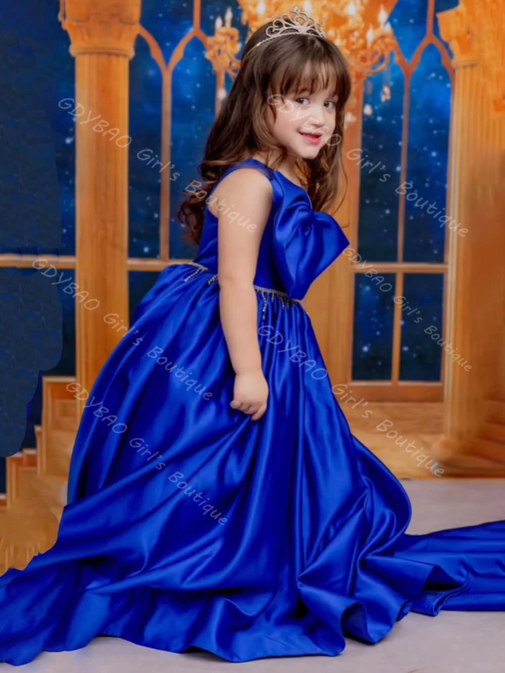 Vestido de fiesta azul real para niñas, vestido de baile de un hombro, vestido de princesa para cumpleaños con tren, vestido personalizado de flores para boda para niños de 2 a 14 años