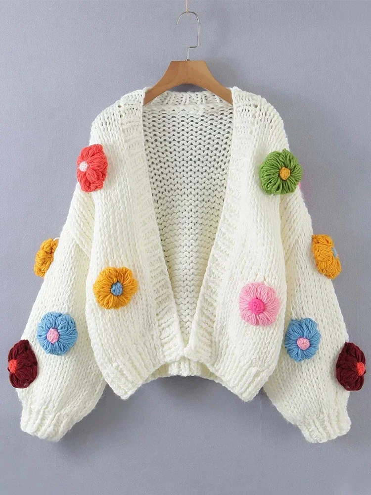 Fashion 3D Flower Knitted Cardigan for Women Elegant V Neck Open Stitch Knitting Coat 2024 Autumn New Female Long Sleeve Sweater