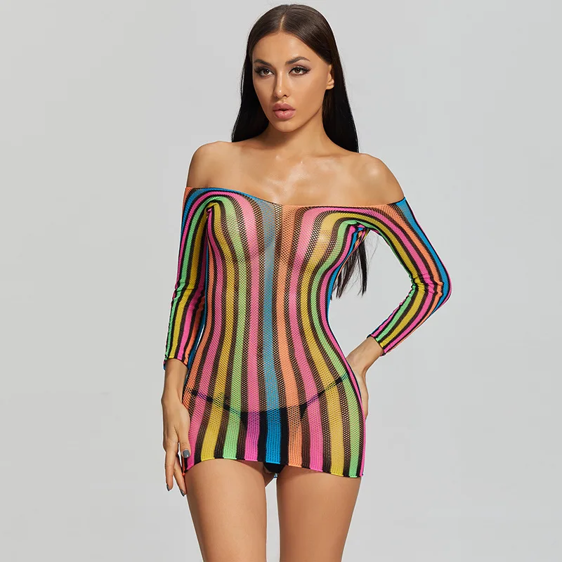 Women SexyLingerie Night Dress Rainbow Striped Mini Dress Backless Sexy Lingerie Sexy Mesh Body Suit Nightgown Beachwear Dress