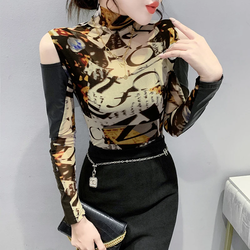 MadBlack European Clothes Tshirt Women Sexy Turtleneck Leather Patchwork Slim Mesh Tops Long Sleeve Tees Autumn Spring T39298JC