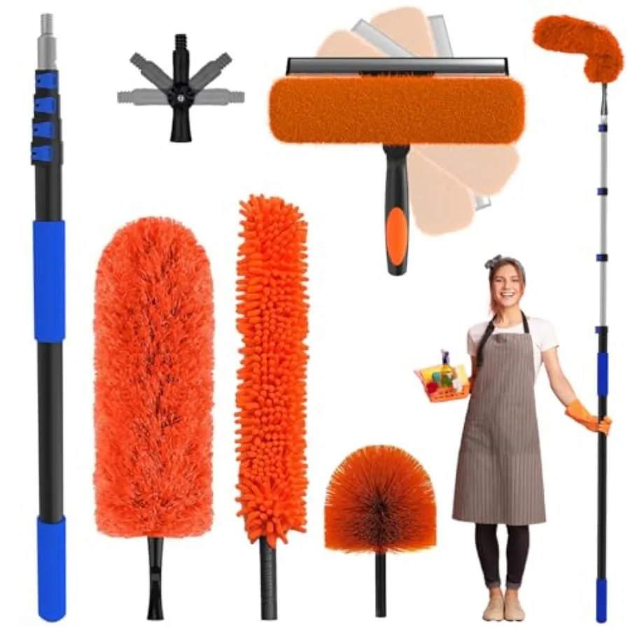 

26 Foot High Reach Duster Kit with 5-20 ft Telescoping Extension Pole High Ceiling Duster Cobweb Duster Window Squeegee Feather