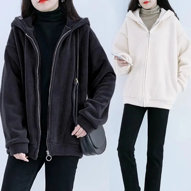 Large Size Lamb Fleece And Thickened Cardigan Hoodies Jacket 2023 New Casual Loose Hooded Sweatshirt Women's Winter Coat Z3404