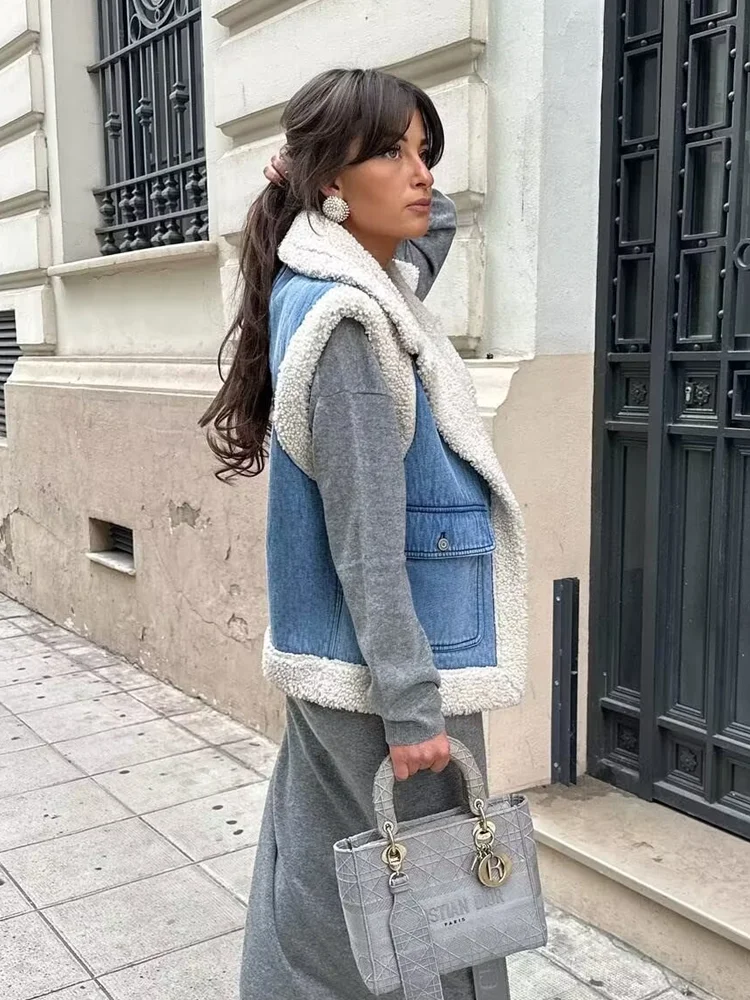 2024 RARA dames winter nieuwe street style lamswol verdikte denim dubbelzijdig vest vest modieus en veelzijdig
