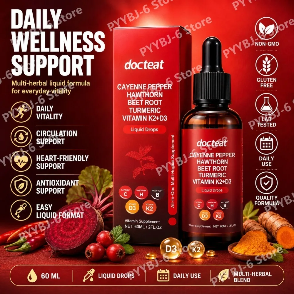

Cayenne Pepper Liquid Drops with Hawthorn Beet Root Turmeric Vitamin K2 D3 Herbal Multivitamin Supplement 60ml Daily Wellness