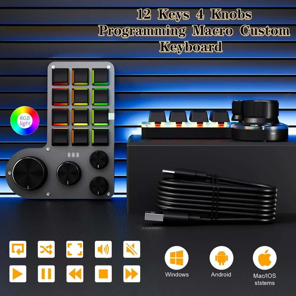 

12 клавиш, 4 ручки, RGB-программирование, макро-клавиатура, USB-проводная/Bluetooth-совместимая механическая игровая клавиатура с возможностью горячей замены