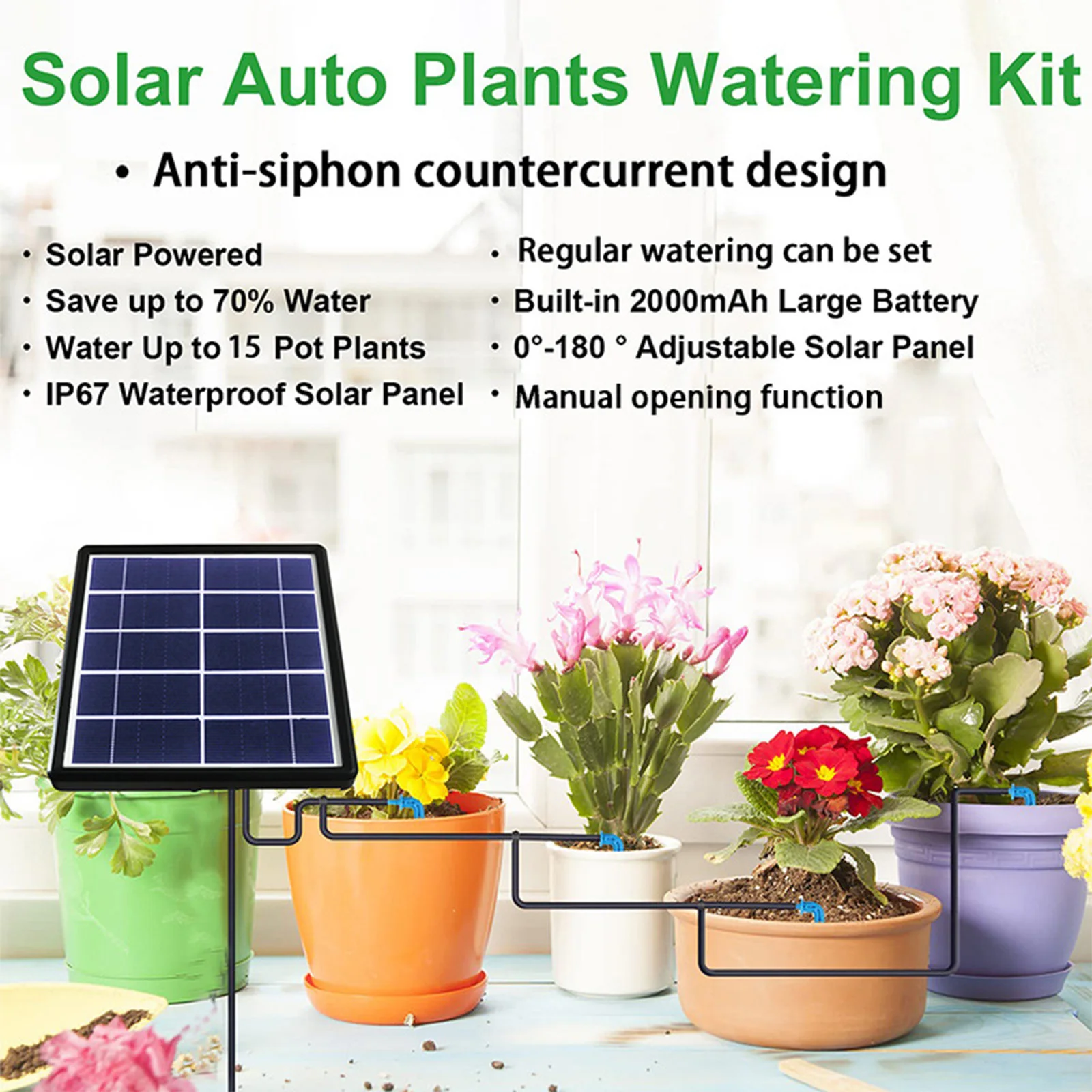 Solar Automatic Drip Irrigation Kit Anti-siphon Solar Powered Irrigation System for Garden Balcony 1-600s Timer Easy DIY