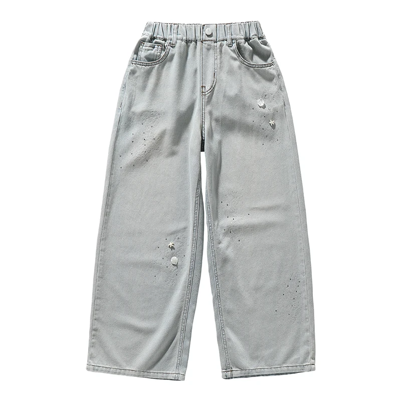 Girls Summer Thin Wide Leg Jeans Medium and Large Children High Waist Straight Silver Sprinkled Breathable and Comfortable Pants