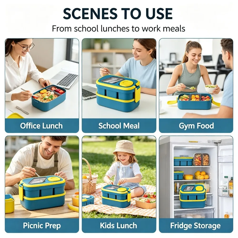 50oz Large Capacity Stackable Lunch Bento Box with Carry Handle, 4 Compartment Food Container, Matching Salad Bowl & Complete Utensils Included, Microwave Safe Meal Box for Daily Use