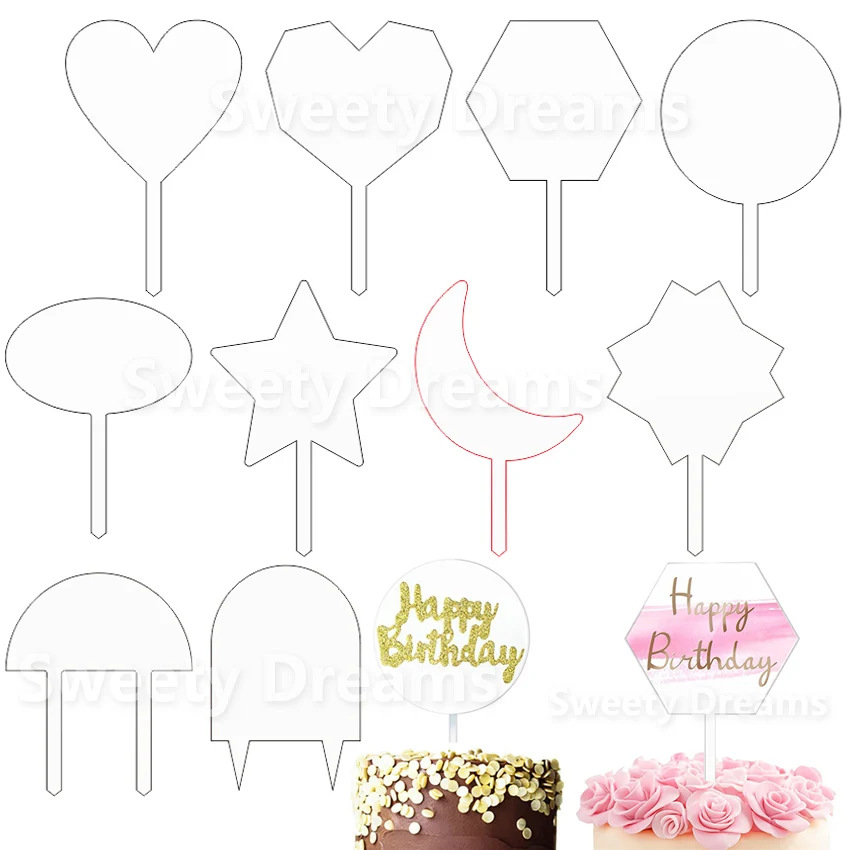 10style 15pcs Pack Clear Acrylic Cake Toppers Blank DIY Birthday Cake Topper for Wedding Party Anniversary Cake Decoration Tools