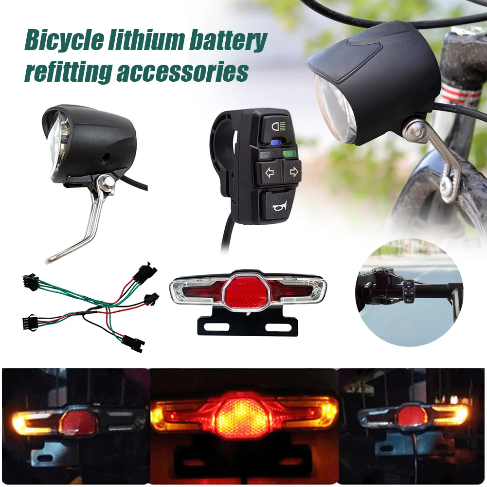 Electric Bike Front and Rear Light Set with Horn Switch Input 36V/48V Headlight and Tail Light Set for Electric Bicycles