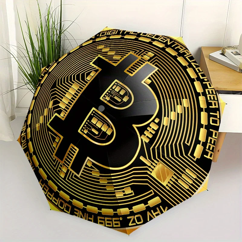 

Golden Bitcoin Cryptocurrency Physical Metal Collectible Coin Umbrella - Cute Umbrella with Cute Design, Portable 3-Fold Compa