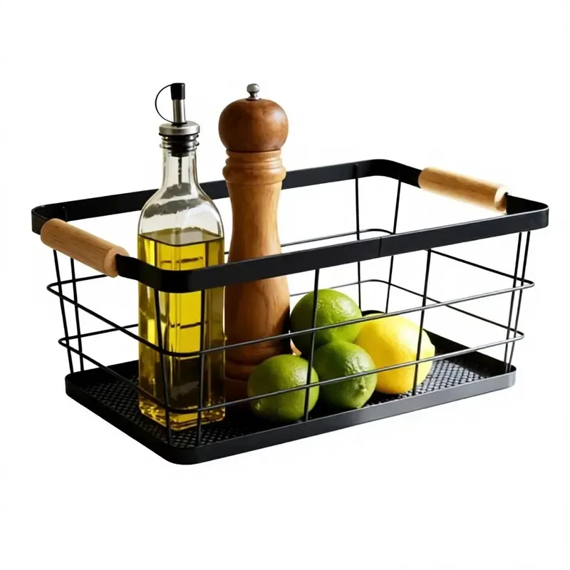 Metal Kitchen Storage Box with Wooden Handle Seasoning Rack Countertop Snack Vegetable Bathroom Basket