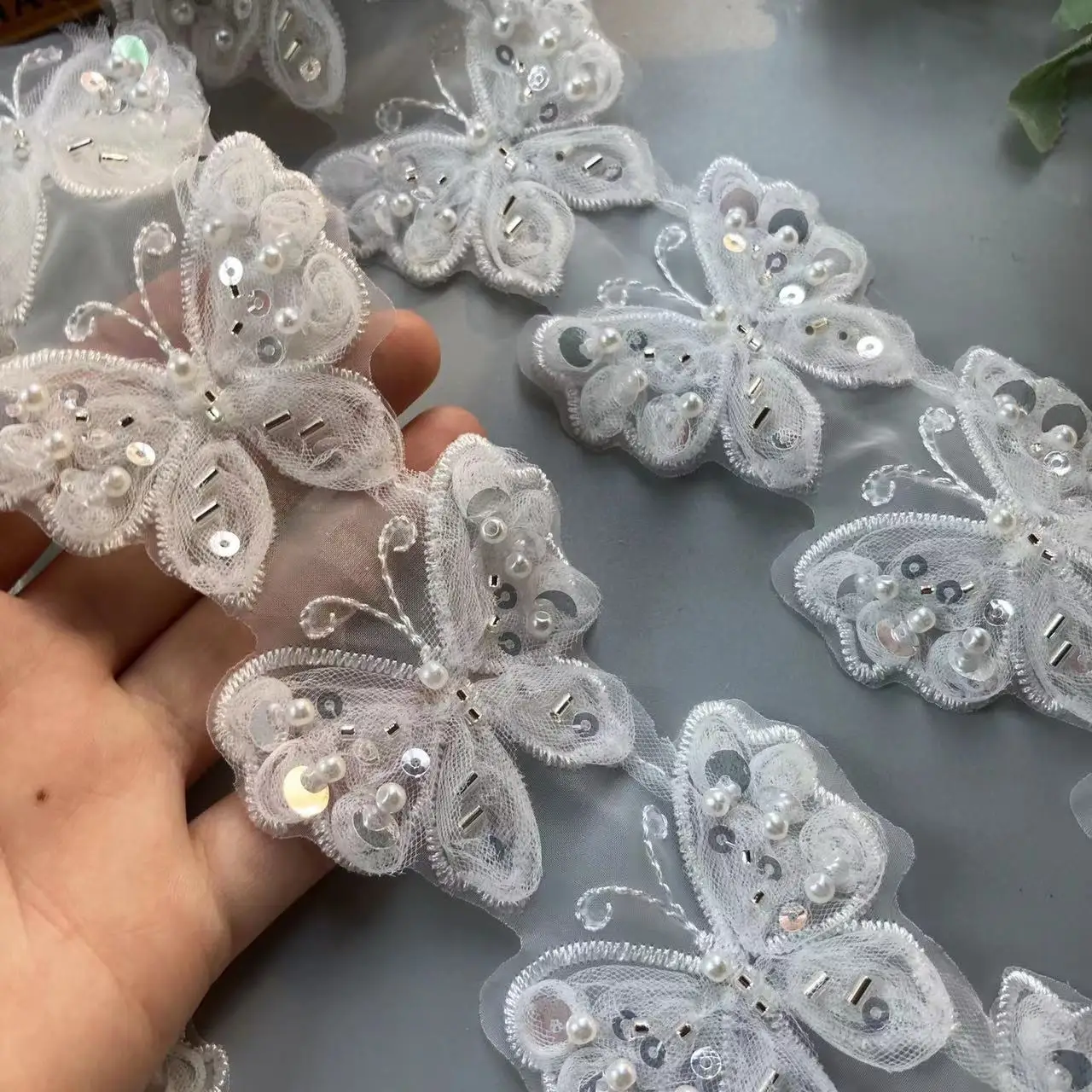 

1 Yard 6X5cm Diamond Butterfly Pearl Embroidered Lace Trim Ribbon Fabric Sewing Craft Patchwork For Costume Decoration Hot