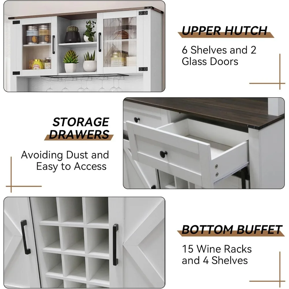 ファームハウススタイルの背の高いキッチンビュッフェキャビネット、引き戸とワイングラス収納付き