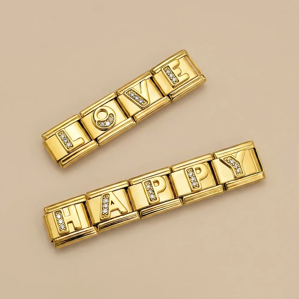 1 Stück A-Z 26 Englische Buchstaben Modische Goldfarbene Italienische Charm-Glieder Passend für 9mm Edelstahl-Armbänder DIY Schmuck für Damen und Herren – Detail 3